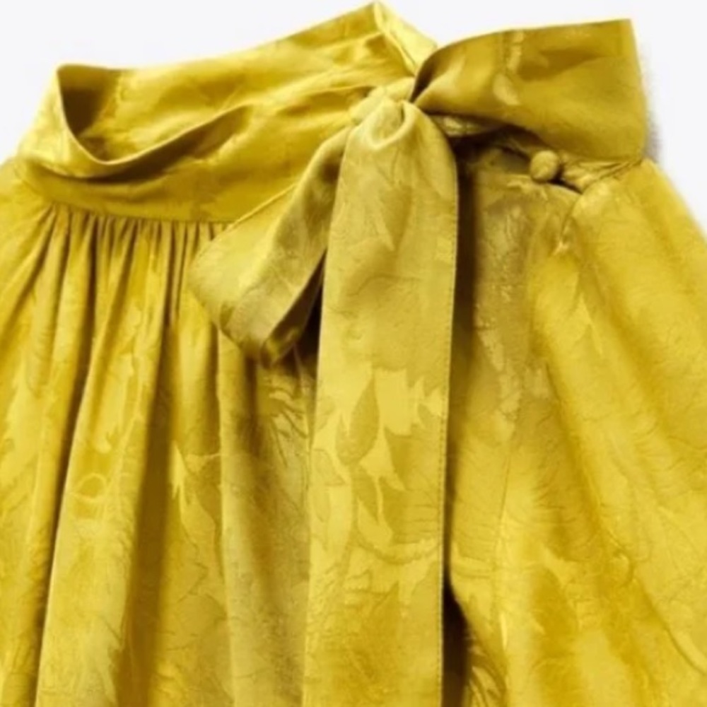 Zara Satin Effect Jacquard Tie Neck Blouse Size Small, Lime Green, New - Picture 3 of 9